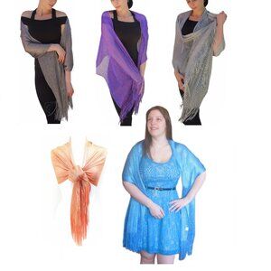 5 Sheer Sparkle Fringed Evening Wraps Shawls Purple Silver Peach Turquoise Gray